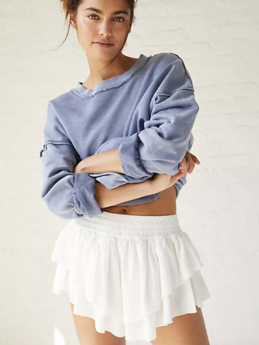 FP Movement by Free People High-Waist Prima Ruffle Layered Shorts in White